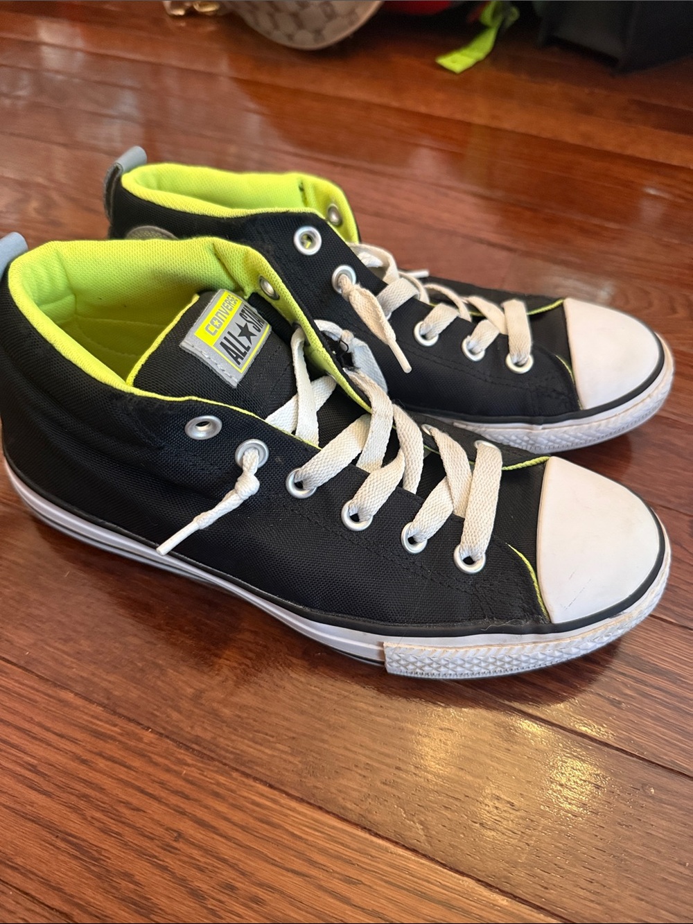 Converse Kids Black Canvas High-Tops with Neon Yellow Lining